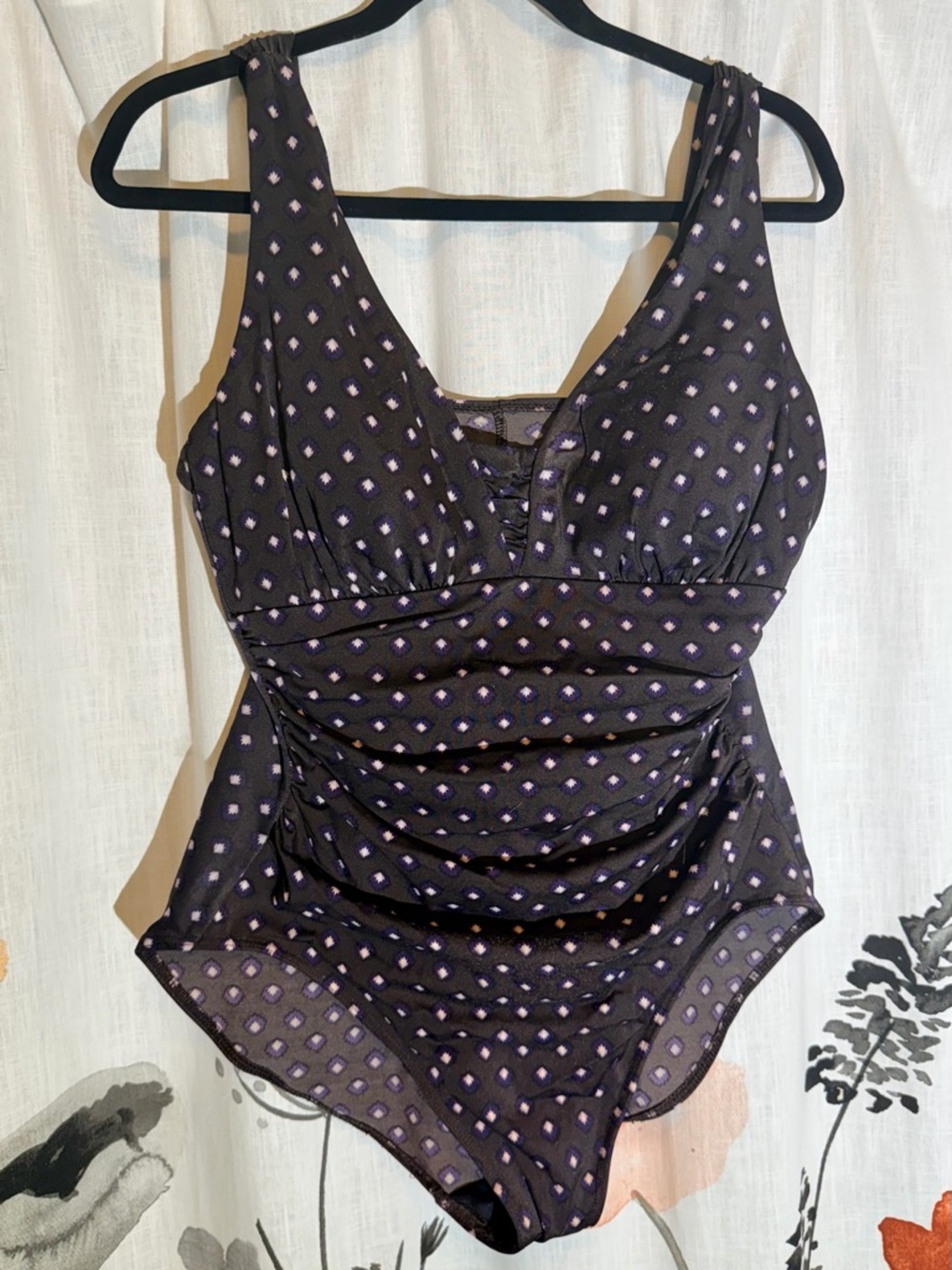 Lands' End Black One-Piece Swimsuit with Lilac Dot Pattern